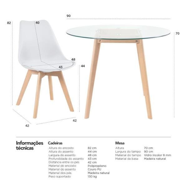 Conjunto de Mesa de Vidro Leda 90cm + 3 Cadeiras Estofadas Leda Branco - 10