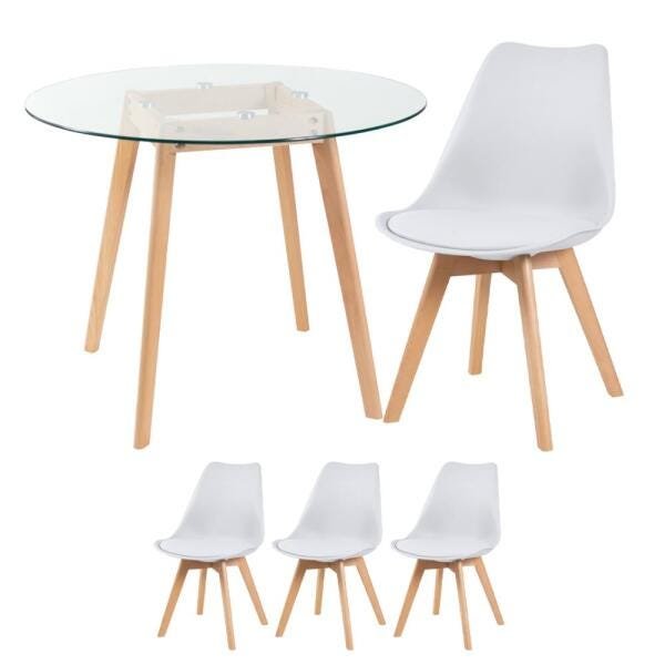 Conjunto de Mesa de Vidro Leda 90cm + 3 Cadeiras Estofadas Leda Branco - 1