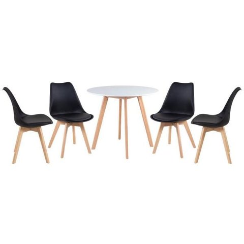 Conjunto de Mesa de Jantar Redonda 90cm Branco + 4 Cadeiras Estofadas Leda Preto