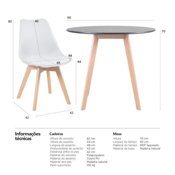 Conjunto de Mesa de Jantar Leda 90cm Preto + 3 Cadeiras Estofadas Leda Branco - 9