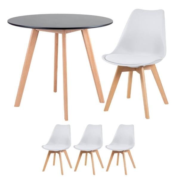 Conjunto de Mesa de Jantar Leda 90cm Preto + 3 Cadeiras Estofadas Leda Branco - 1