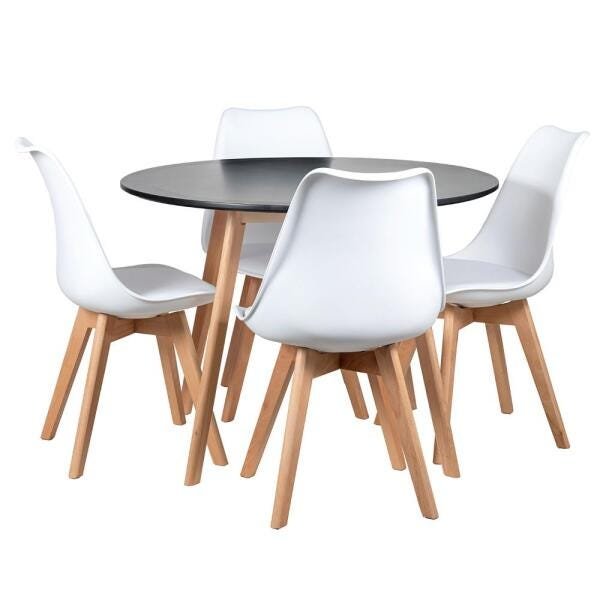 Conjunto de Mesa de Jantar Leda 100cm Preto + 4 Cadeiras Estofadas Leda Branco - 1