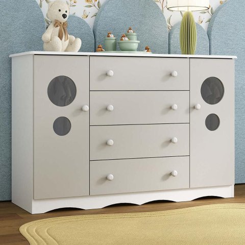 Cômoda Infantil 125cm 2 Portas com Vidro e 4 Gavetas Sonho Multimóveis Mp4475 Branco/off White