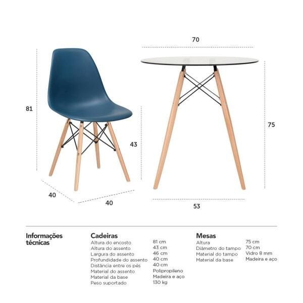 Conjunto de Mesa de Vidro Eames 70cm + 4 Cadeiras Eiffel Dsw Azul Petróleo - 10