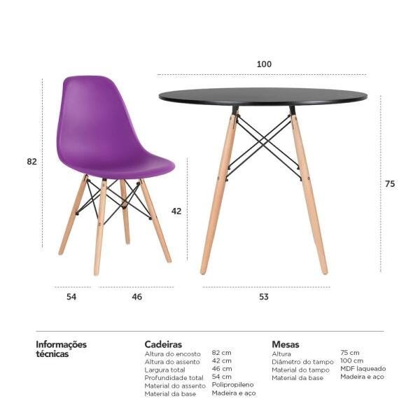 Conjunto de Mesa Eames 100cm Preto + 4 Cadeiras Eames Eiffel Dsw Roxo - 9