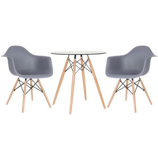 Conjunto de Mesa Redonda de Vidro Eames 70cm + 2 Cadeiras Eiffel Daw Cinza Escuro - 1