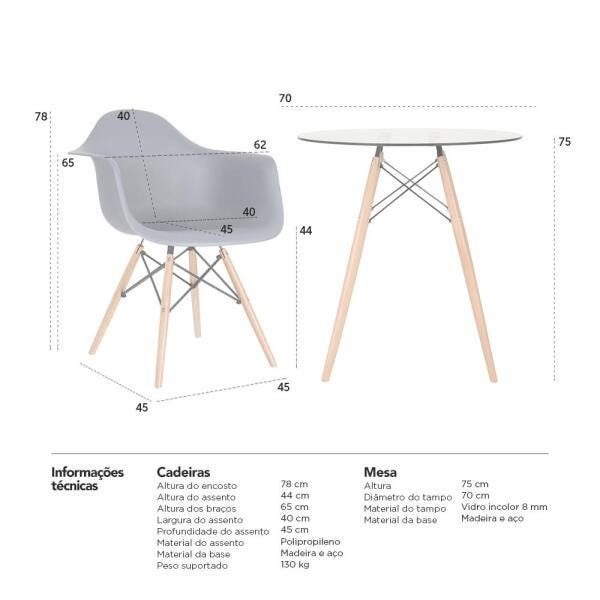 Conjunto de Mesa Redonda de Vidro Eames 70cm + 2 Cadeiras Eiffel Daw Cinza Escuro - 10