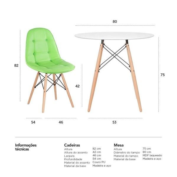 Conjunto de Mesa Eames Eiffel 80cm Branco + 4 Cadeiras Estofadas Eames Botonê Verde - 10