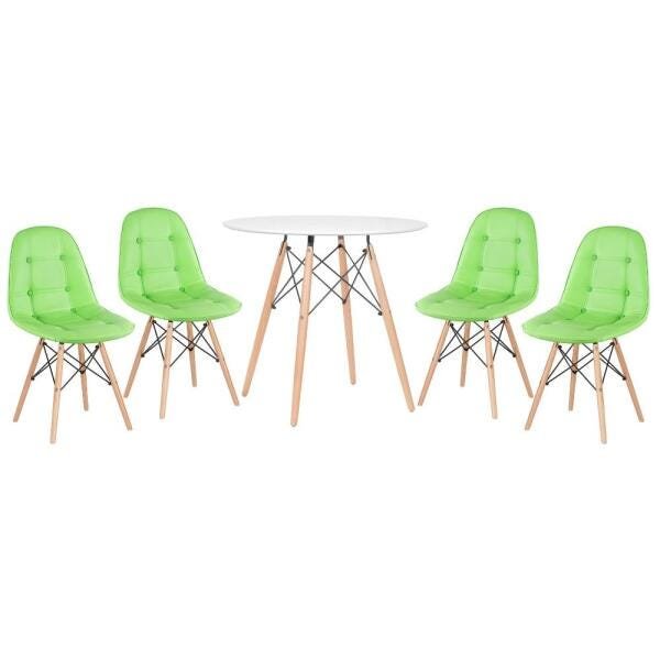 Conjunto de Mesa Eames Eiffel 80cm Branco + 4 Cadeiras Estofadas Eames Botonê Verde - 1