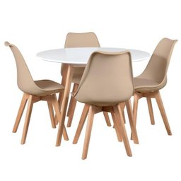 Conjunto de Mesa de Jantar Leda 100cm Branco + 4 Cadeiras Estofadas Leda Nude - 1