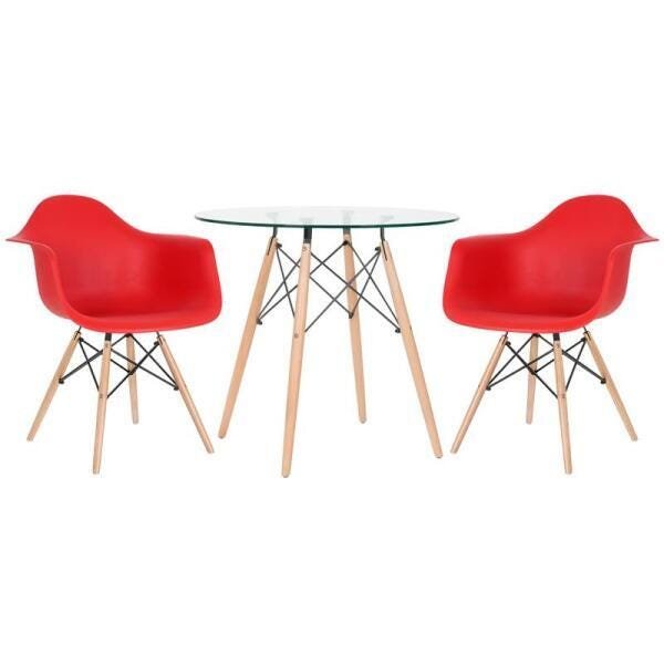 Conjunto de Mesa Redonda de Vidro Eames 80cm + 2 Cadeiras Eiffel Daw Vermelho - 1