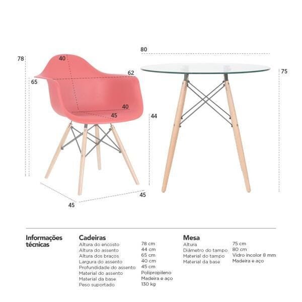 Conjunto de Mesa Redonda de Vidro Eames 80cm + 2 Cadeiras Eiffel Daw Vermelho - 10