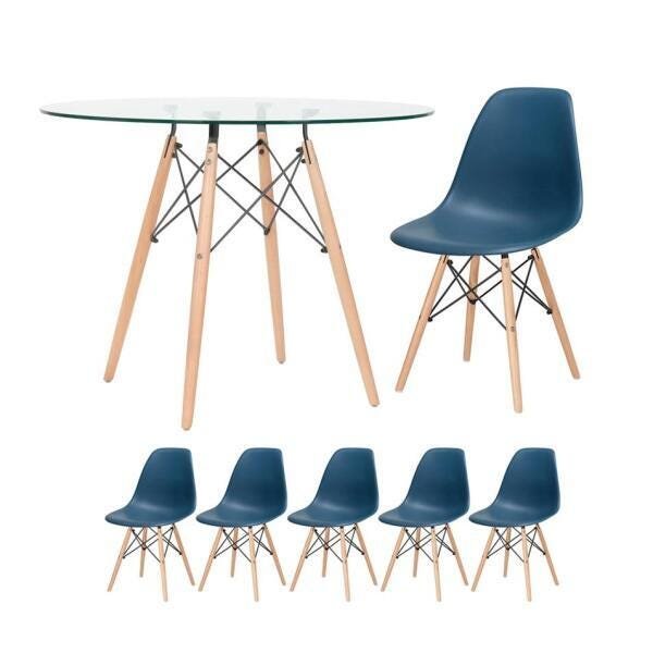 Conjunto de Mesa de Vidro Eames 100cm + 5 Cadeiras Eiffel Dsw Azul Petróleo - 1