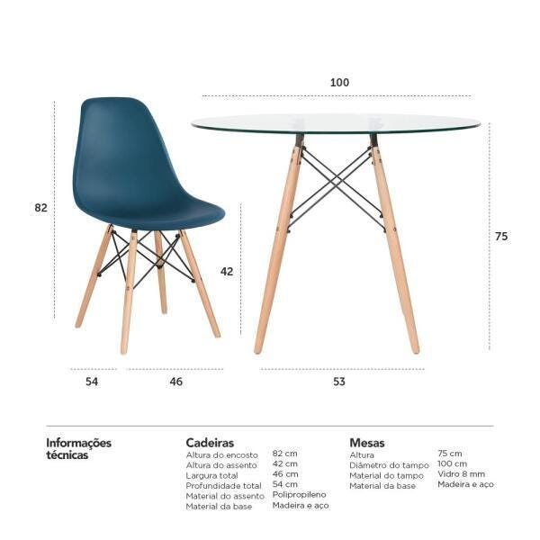 Conjunto de Mesa de Vidro Eames 100cm + 5 Cadeiras Eiffel Dsw Azul Petróleo - 10