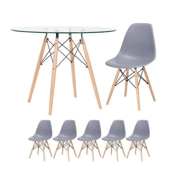 Conjunto de Mesa de Vidro Eames 100cm + 5 Cadeiras Eiffel Dsw Cinza Escuro - 1