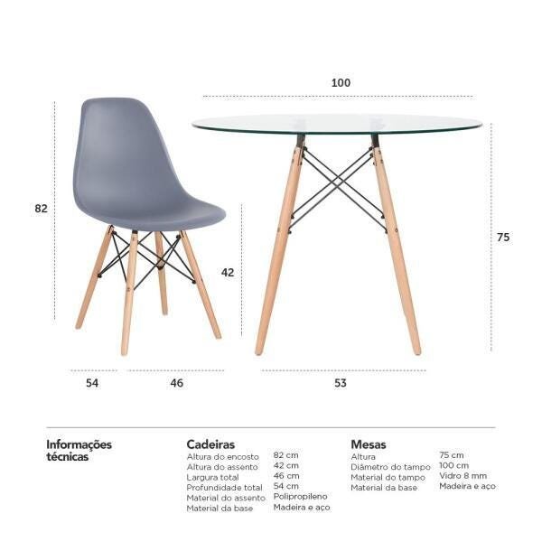 Conjunto de Mesa de Vidro Eames 100cm + 5 Cadeiras Eiffel Dsw Cinza Escuro - 10