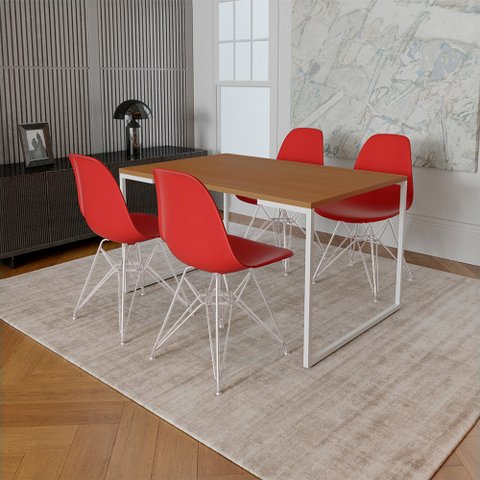 Mesa Industrial Base Ferro Branco 137x90 Tampo Canela 4 Cadeiras Eiffel Ferro Branco Assento Vermelh