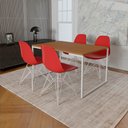 Ver imagem 1 de Mesa Industrial Base Ferro Branco 137x90 Tampo Canela 4 Cadeiras Eiffel Ferro Branco Assento Vermelh