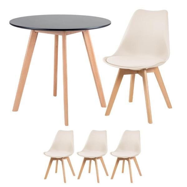 Conjunto de Mesa Redonda Leda 80cm Preto + 3 Cadeiras Estofadas Leda Creme - 1