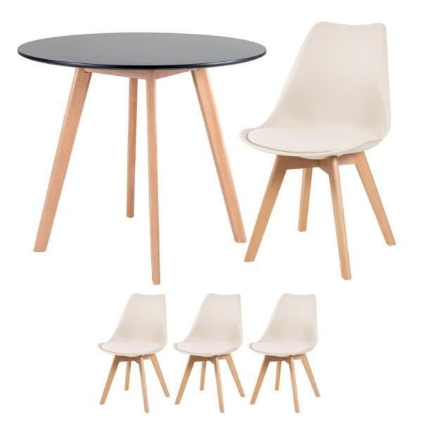 Conjunto de Mesa de Jantar Leda 90cm Preto + 3 Cadeiras Estofadas Leda Creme - 1