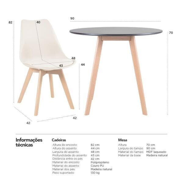 Conjunto de Mesa de Jantar Leda 90cm Preto + 3 Cadeiras Estofadas Leda Creme - 9