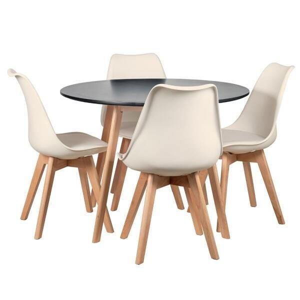 Conjunto de Mesa de Jantar Leda 100cm Preto + 4 Cadeiras Estofadas Leda Creme - 1