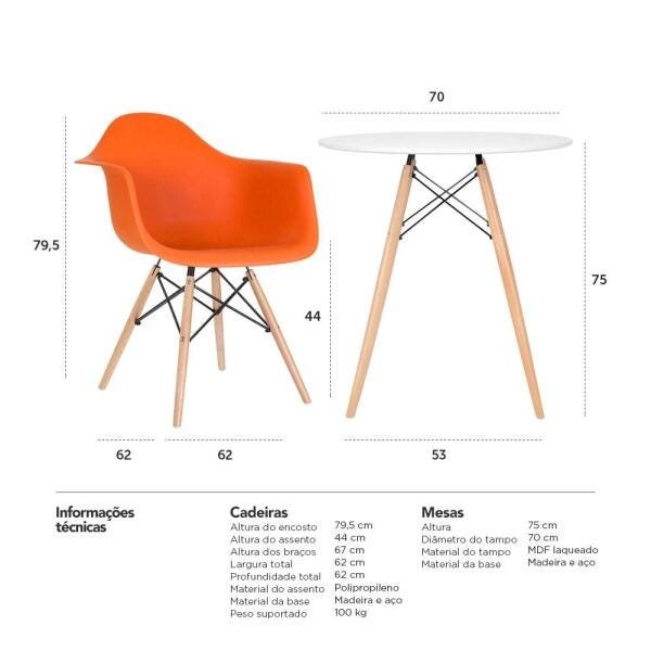 Conjunto de Mesa Eames 70cm Branco + 4 Cadeiras Eiffel Daw com Braços Laranja - 10