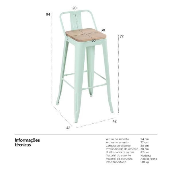Banqueta alta Iron Tolix com encosto e assento de madeira rústica clara - Verde claro - 4