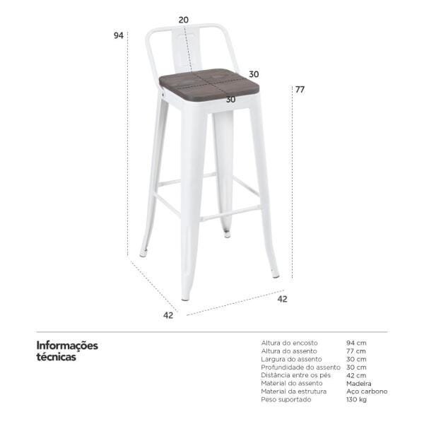 Banqueta alta Iron Tolix com encosto e assento de madeira rústica escura - Branco - 4