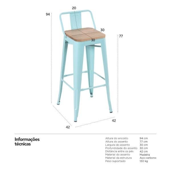 Banqueta alta Iron Tolix com encosto e assento de madeira rústica clara - Azul tiffany - 4