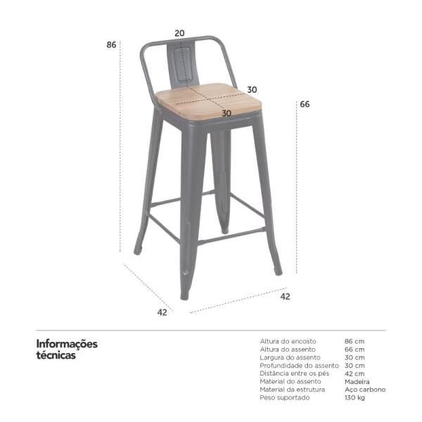 Banqueta Iron Tolix com encosto e assento de madeira rústica clara - 66 cm - Preto - 4