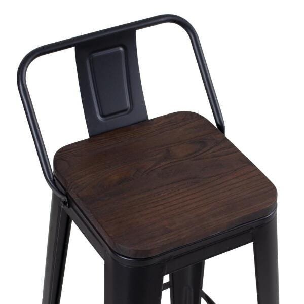 Banqueta Iron Tolix com encosto e assento de madeira rústica escura - 66 cm - Preto - 3