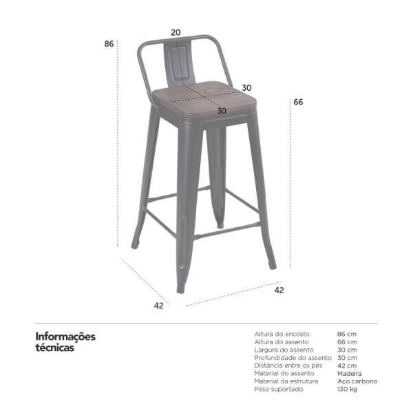 Banqueta Iron Tolix com encosto e assento de madeira rústica escura - 66 cm - Preto - 4