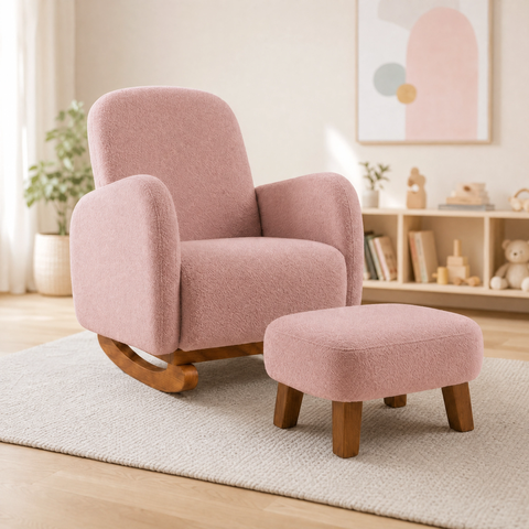 Poltrona Amamentação Soft Bouclé Base Balanço com Puff:Rose