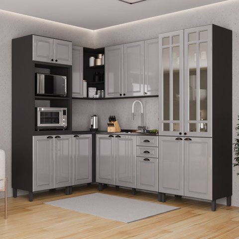 Cozinha Americana Modulada de Canto Torre Quente Cristaleira com Vidro Reflecta 6 Peças Paris