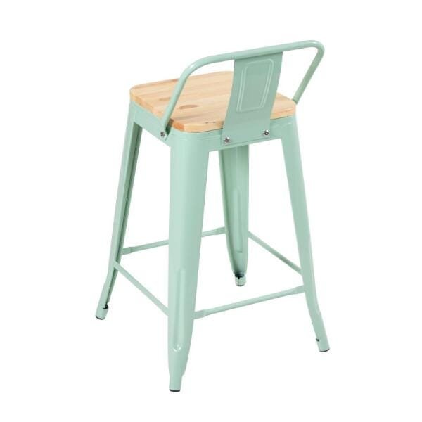 Banqueta Iron Tolix com encosto e assento de madeira clara - 61 cm - Verde claro - 2