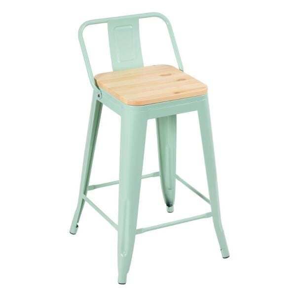 Banqueta Iron Tolix com encosto e assento de madeira clara - 61 cm - Verde claro - 1