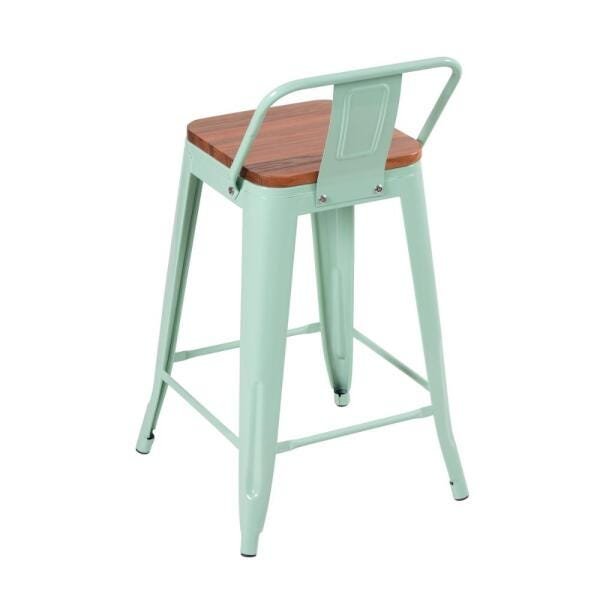 Banqueta Iron Tolix com encosto e assento de madeira marrom canela - 66 cm - Verde claro - 2