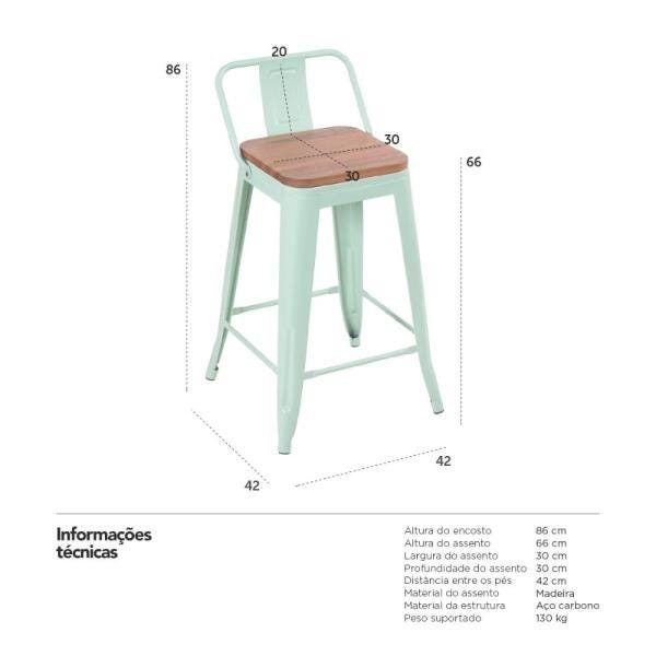 Banqueta Iron Tolix com encosto e assento de madeira marrom canela - 66 cm - Verde claro - 4
