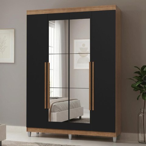 Guarda-Roupa Solteiro com Pés 4 Portas Batentes com Espelho Rustic/Preto/Rustic Netuno Madesa