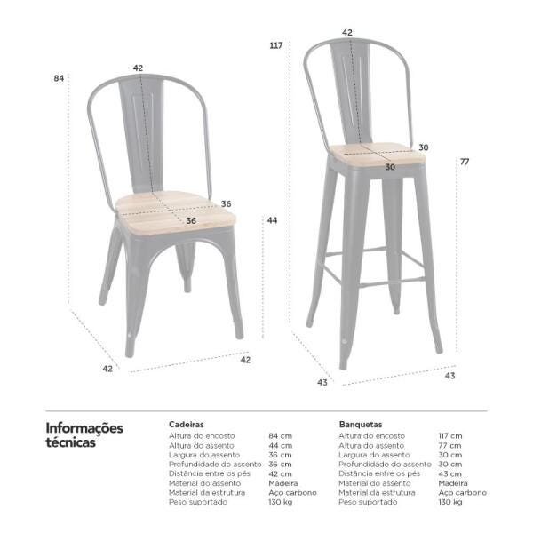 Kit 4 Cadeiras + 2 Banquetas Tolix com Encosto Alto - Preto com Assento de Madeira Rústica Clara - 9