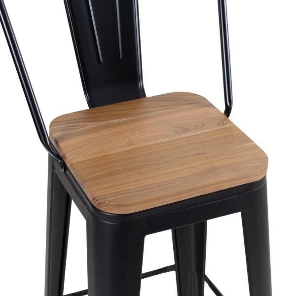 Kit 4 Cadeiras + 2 Banquetas Tolix com Encosto Alto - Preto com Assento de Madeira Rústica Clara - 5