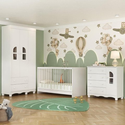 Quarto de Bebê Completo com Berço 3 em 1 para Colchão 130x60cm Aurora Multimóveis Mp4560