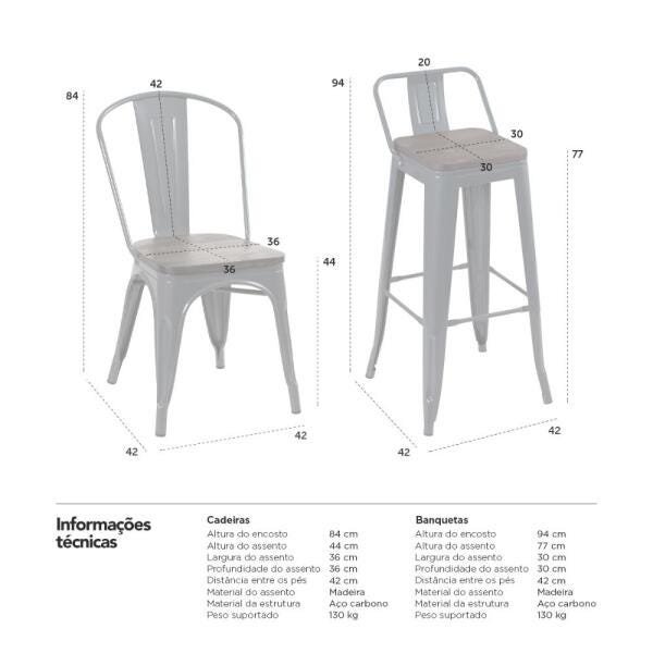 Kit 2 Cadeiras + 2 Banquetas Altas Tolix com Encosto - Cinza Escuro com Assento de Madeira Rú - 8