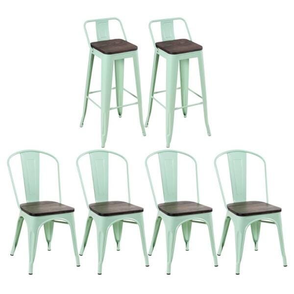 Kit 4 Cadeiras + 2 Banquetas Altas Tolix com Encosto - Verde Claro Assento Madeira Rústica - 1