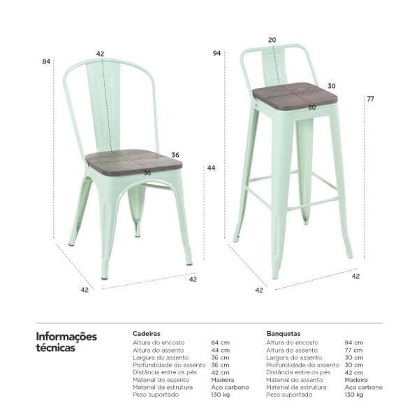 Kit 4 Cadeiras + 2 Banquetas Altas Tolix com Encosto - Verde Claro Assento Madeira Rústica - 8