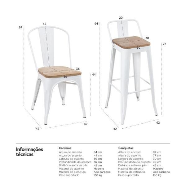 Kit 6 Cadeiras + 4 Banquetas Altas Tolix com Encosto - Branco com Assento de Madeira Rústica - 8