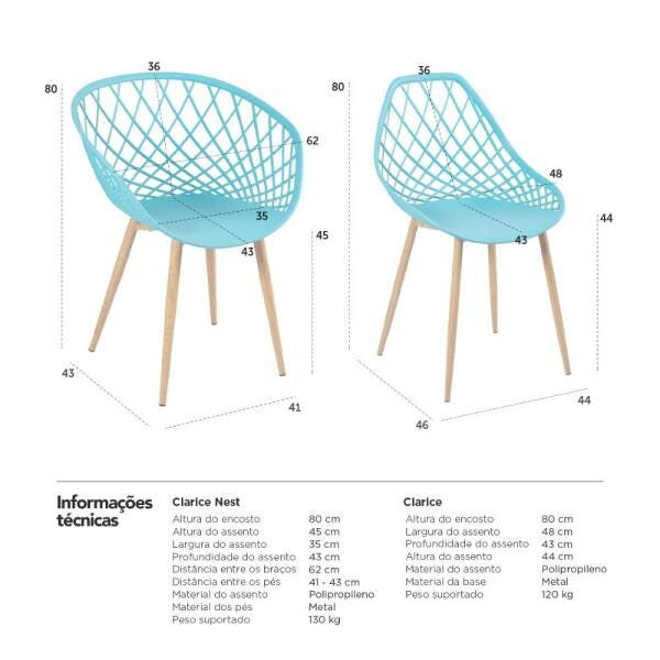 Kit 2 Cadeiras Clarice Nest com Braços + 6 Cadeiras Cleo - Azul Tiffany - 7