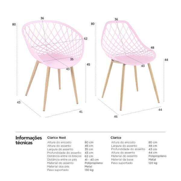 Kit 2 Cadeiras Clarice Nest com Braços + 2 Cadeiras Cleo - Rosa Claro - 7