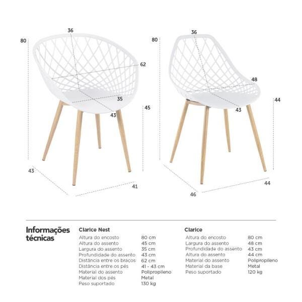 Kit 2 Cadeiras Clarice Nest com Braços + 6 Cadeiras Cleo - Branco - 7